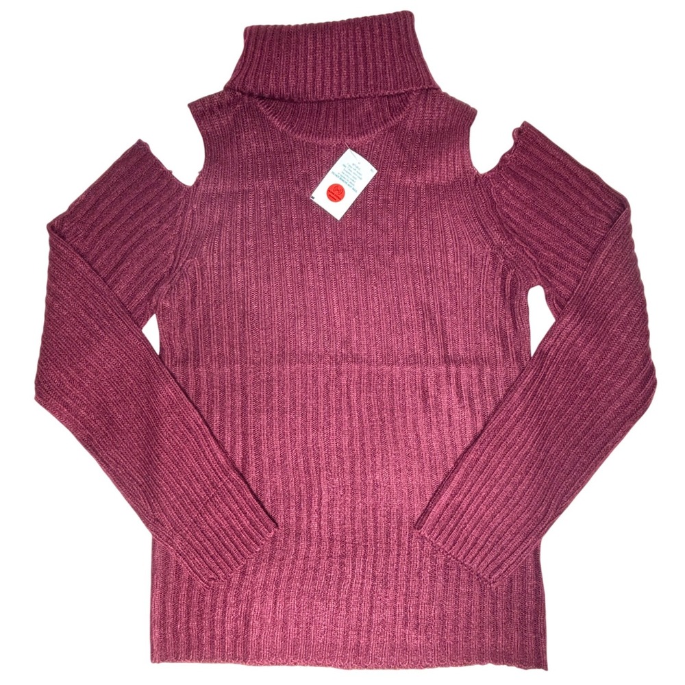 NWT Love by Chesley‎ Burgundy Ribbed Cold Shoulder Turtleneck Sweater Size XL